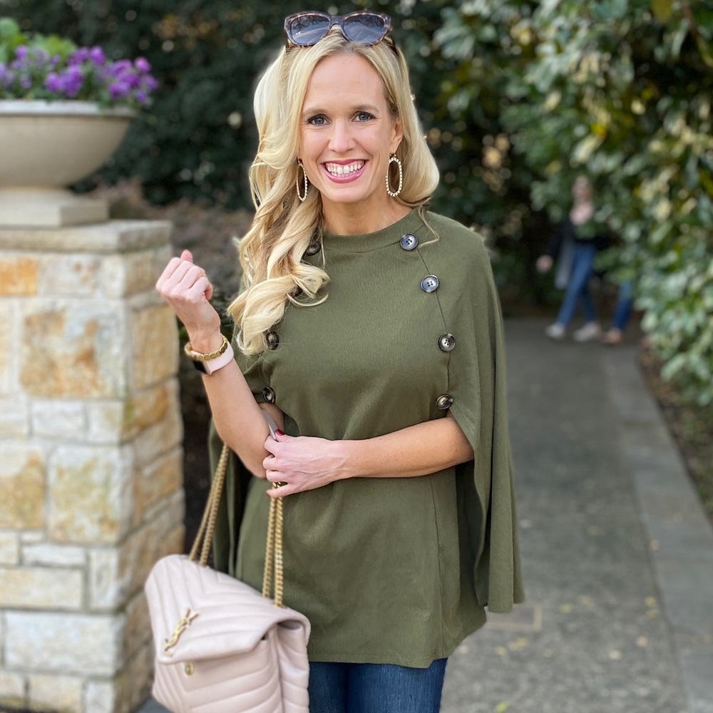 Buttoned Cape Sweater in Olive Green